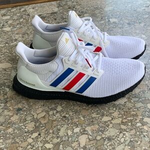 Adidas Men's White and Black Ultraboost with Red and Blue Stripes